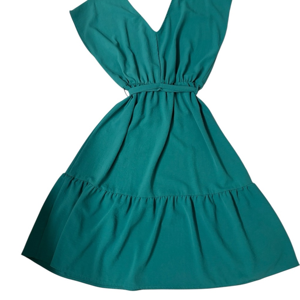 Teal V-Neck Midi Dress with Waist Tie - Picture 4 of 6